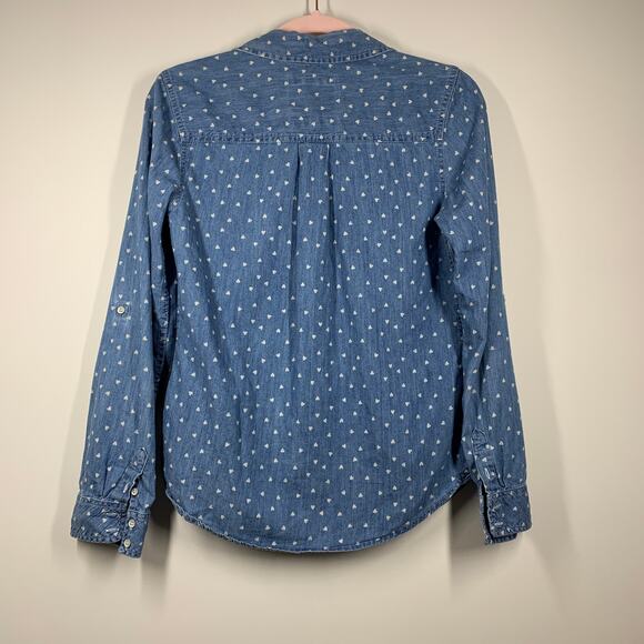 SO Chambray Blue Button Down Shirt White Hearts Medium - Picture 6 of 7
